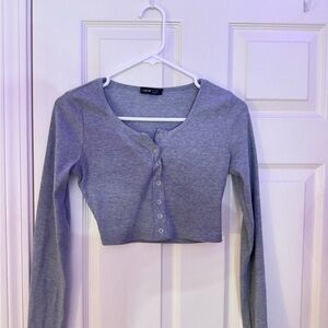 Gray Long Sleeve Button-Up Crop Top